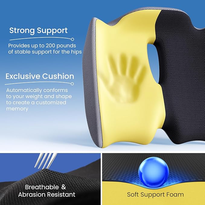 Benazcap Pressure Relief Seat Cushion for Tailbone Pain Office Chair Cushion for Butt, Back Pain, Coccyx & Sciatica Pain Relief Pillow. Memory Foam Seat Cushions for Office Chairs