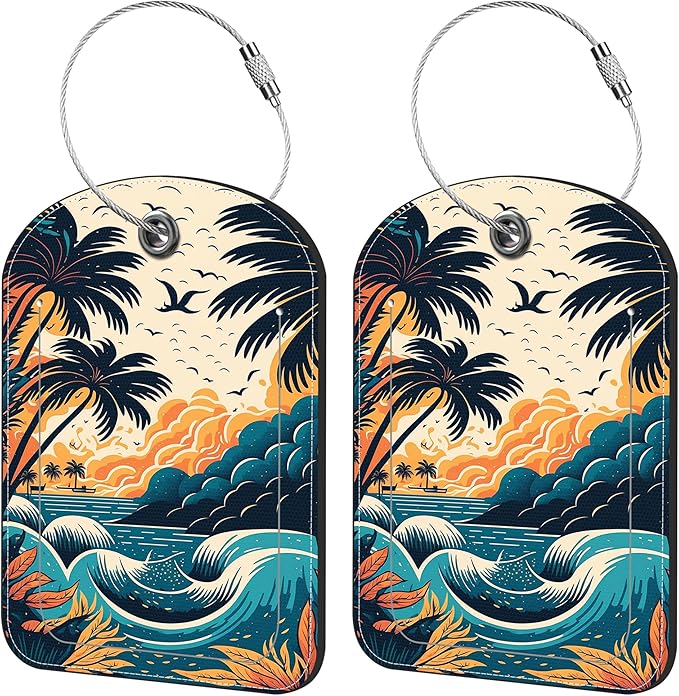 2 Pack Cute Luggage Tag for Suitcases Summer Beach Leather Luggage Tags with Stainless Steel Loop Privacy Flap Name Tags,Men and Women Travel Bag Suitcase Tags