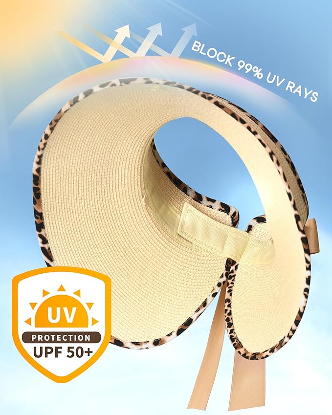 Camptrace Sun Visors for Women Wide Brim Beach Hat Foldable Straw Visor Hat Ponytail Summer Packable UPF 50+