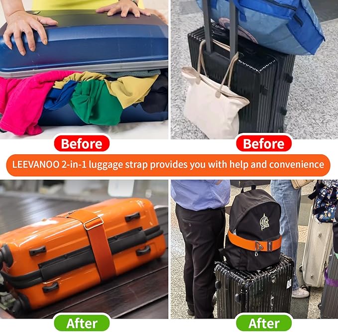 Luggage Straps for Suitcases Add a Bag Luggage Strap,2-in-1 Travel Belt for Luggage Straps Travel Belt Over Handle for Carry On Bag Adjustable Suitcase Belts Airport Travel Accessories Orange