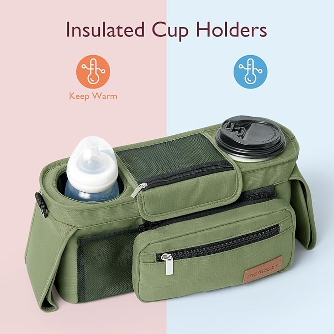 Momcozy Universal Baby Stroller Organizer, 2 Insulated Cup Holder, Detachable Zippered Pocket, Adjustable Shoulder Strap, Large capacity for baby essentials, Compact Design Fits Any Strollers