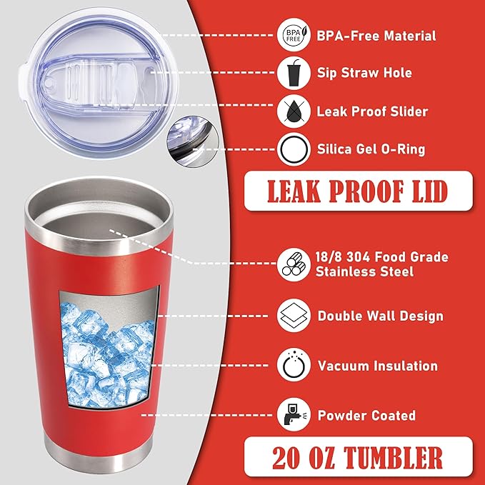 20 oz Tumbler Coffee Tavel Tumblers Bulk with Lid Stainless Steel Double Wall Vacuum Insulated Mug Powder Coated Cups fit Car Cupholder for Hot and Cold - Red, 8Pack