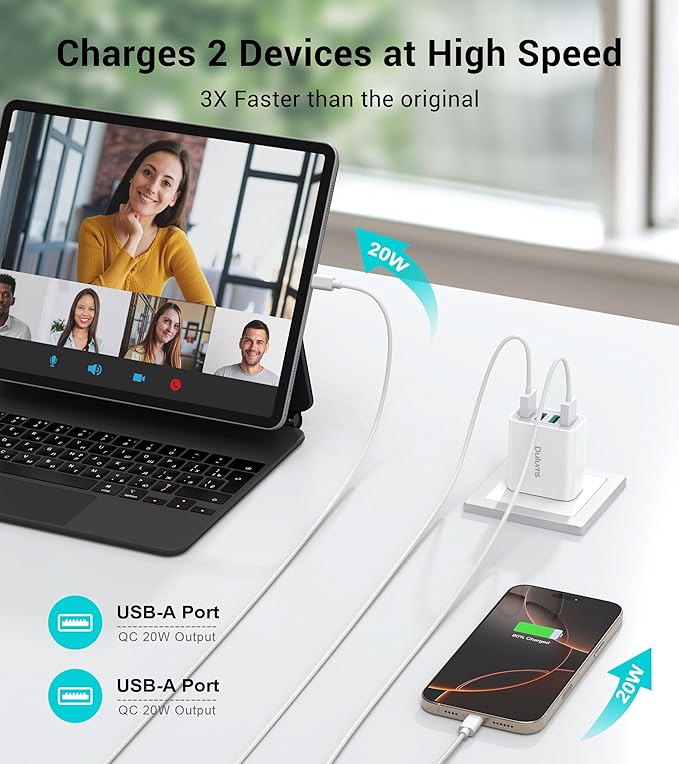 40W USB Wall Charger Block, 2-Pack 4-Port USB A Fast Charging Brick Dual QC Wall Plug Adapter Compatible for iPhone 17/16/15/14/13/12/11 Pro Max Plus,iPad,Galaxy