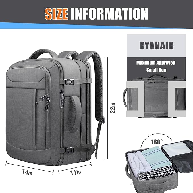 55L Travel Backpack, Carry On Backpack, Expandable 50L - 60L Anti-Theft TSA Flight Approved Large Laptop Bag, Sturdy 18.4 Inch Lightweight Water Resistant Business Bag for Men, Grey