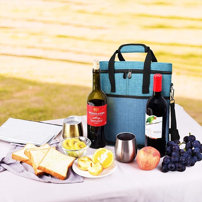 Tirrinia Insulated Wine Gift carrier - 3 Bottle Travel Padded Wine Carry Cooler Tote Bag with Handle and Adjustable Shoulder Strap, Blue