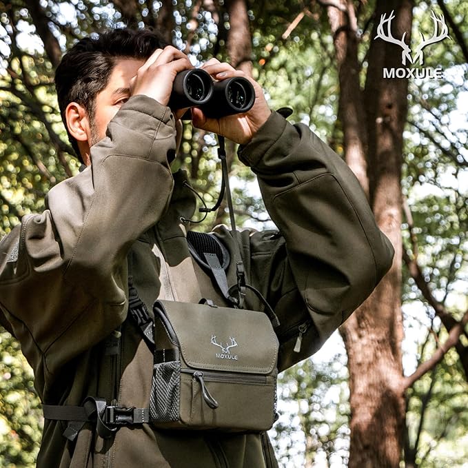 Binocular Harness Chest Pack: Bino Case with Magnetic Lid and Rain Cover for Hunting(Green)