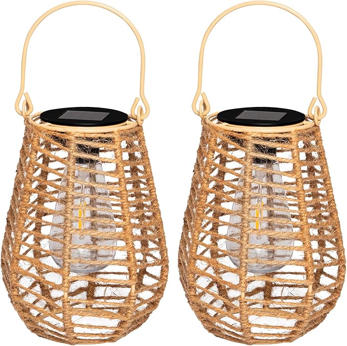 HPC Decor 2 PK Solar Lanterns - Outdoor Waterproof, Hemp Rope Solar Lights,Hanging Solar Lanterns Outdoor,Solar Lamp Lights,Decoration for Garden, Patio, Porch, Trees, Pathway,Outside.