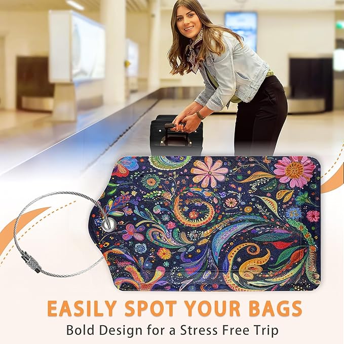 Colorful Boho Floral 3 PCS PU Leather Luggage Tags for Suitcase, Luggage Tag with Privacy Flap, Name ID Label and Metal Loop for Women Men Baggage Handbag School Bag Backpack