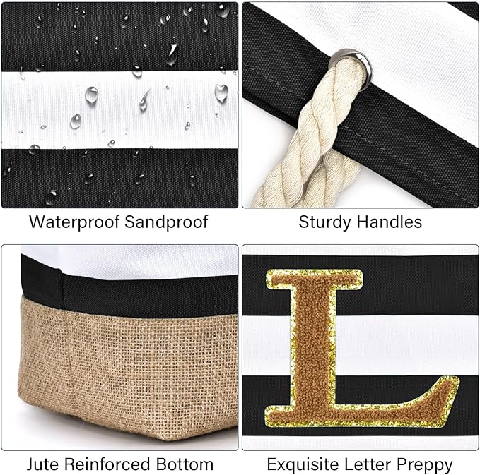 Becokan Beach Bag Initial Beach Tote with Makeup Bag for Travel Work Storage Personalized Birthday Gifts for Women Her
