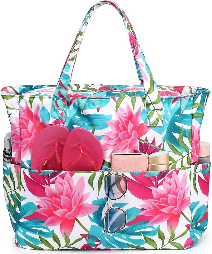 LEDAOU Large Beach Tote Bag Women Waterproof Sandproof Zipper Beach Tote Bag for Pool Gym Grocery Travel with Wet Pocket