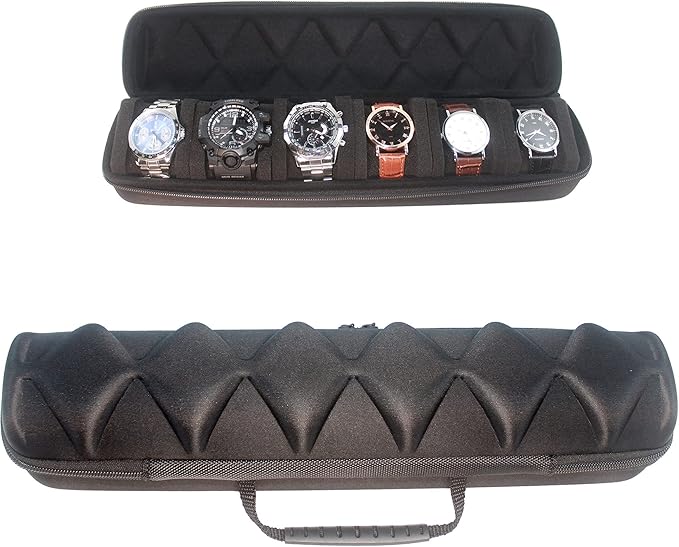 Watch roll travel case organizer for 6 watches, Storage Organizer and Display with innovative watch pillow, fit large up to 60mm faced watches (Black, 6 Slot)