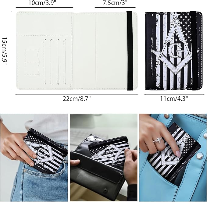Passport Holder for Women and Men PU Leather Passport Cover for Travel (Masonic)