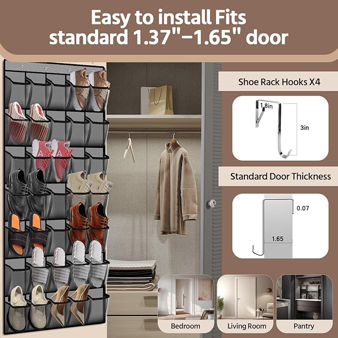 35 Pocket Over the Door Shoe Organizer,Reusable Breathable Large Mesh Bag Men's & Women's Sneaker Organizer,Shoe Organizer for Kids,Hanging Shoe Storage Hanging Bag (Gray)