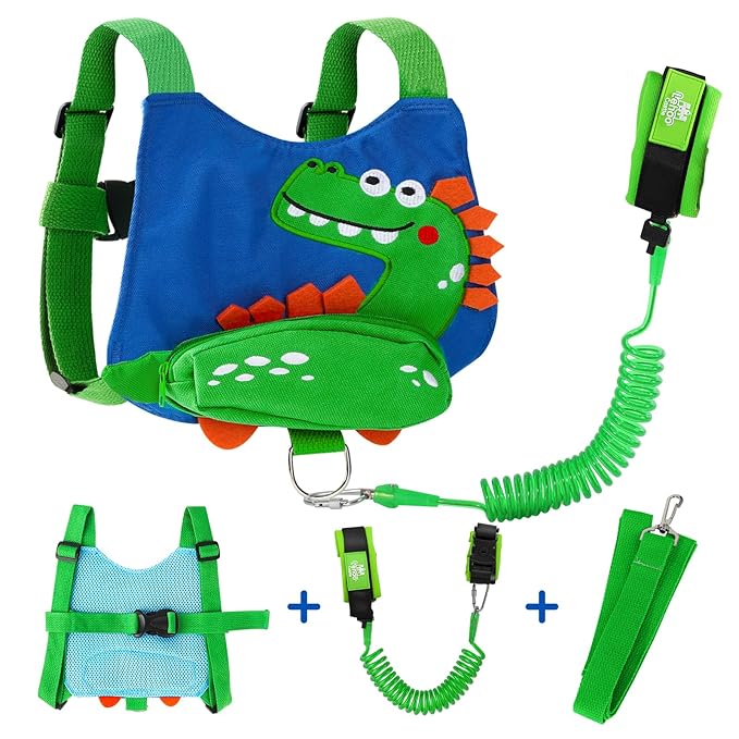 Lehoo Castle Toddler Leash for 1-5 Years, Baby Safety Harness for Boys with Anti-Lost Key Lock & Adjustable Strap, 3-in-1 Wrist Leash and Kids Backpack Harness for Walking Travel (Dinosaur)
