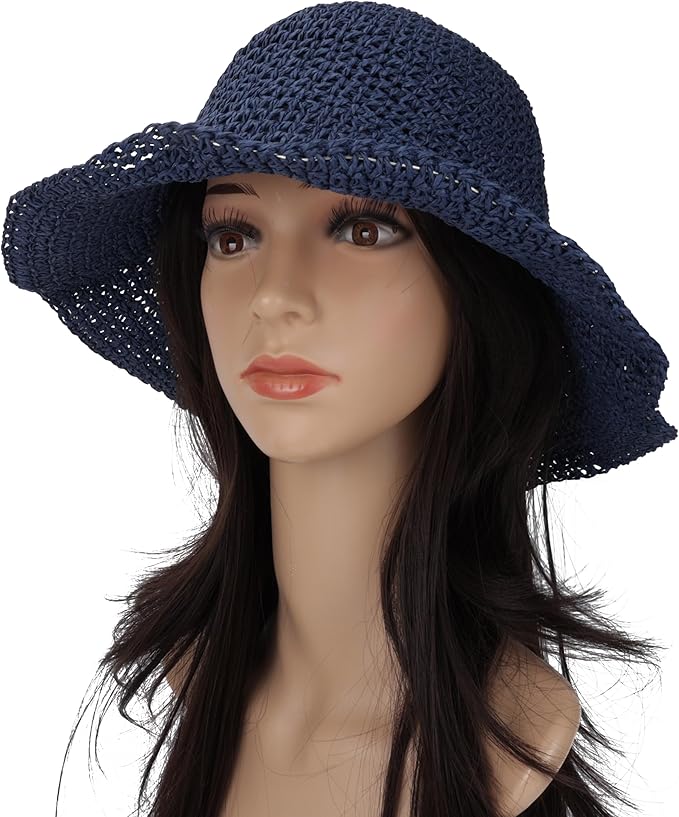 Womens Wide Brim Straw Sun Hat Foldable Floppy Crochet Beach Hat for Summer