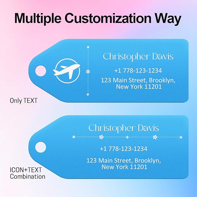 4 PCS Personalized Metal Luggage Tag – Personalized Engraved Suitcase Tag, Backpack Tag, with Matching Color Strap, Waterproof Suitcase Name Badge – Ideal Corporate Gift & Travel Accessory (Blue)