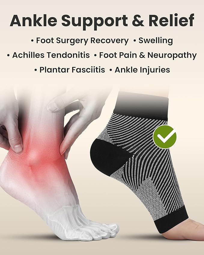 KEMFORD Ankle Compression Sleeve - Plantar Fasciitis Braces - Open Toe Compression Socks for Swelling, Sprain, Neuropathy, Foot Arch Support for Men and Women - 20-30mmhg, M, Black and White
