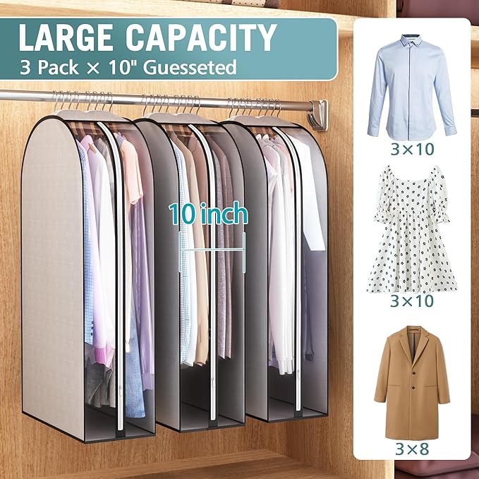 10" Gusseted Garment Bags for Hanging Clothes 40" Suit Bags for Open Closet Storage, Side Clear Clothing Cover for Coat, Dress, Jacket, Shirt, Fur Wardrobe Protector, 3 Packs, Grey