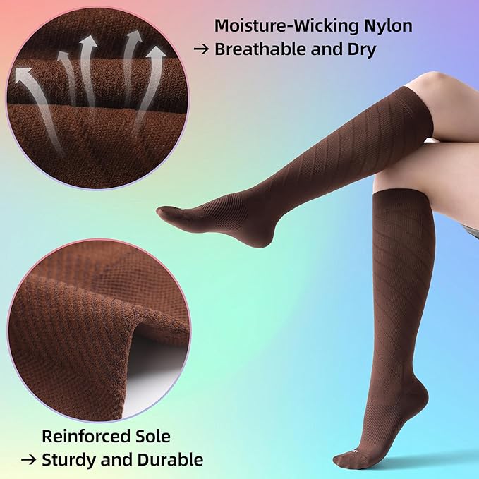 4 Pairs Light Compression Socks for Women Men 15-20 mmHg - Knee High Support for Daily Wear, Travel, Pregnancy, Nurses