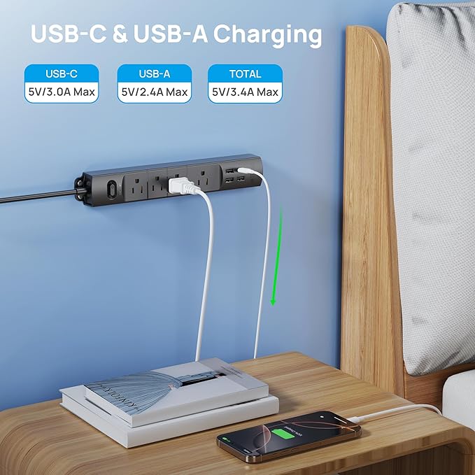 TROND Surge Protector Power Strip with USB, Ultra Thin Flat Plug 3ft Extension Cord 1625W, 3 USB A & 1 USB C, 4 AC Outlets 1440J Surge Protection, ETL Listed, Wall Mount for Home Office Dorm, Black