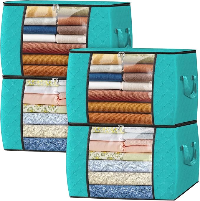 Fab totes 24 Gallons Clothes Storage, Foldable Thick Fabric Blanket Storage Bags, Containers for Organizing Bedroom, Closet, Clothing, Comforter, Organization with Handle (4 Pack,Green)