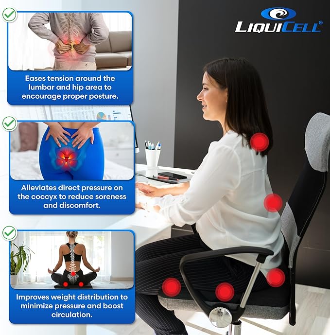LiquiCell Coccyx Seat Cushion, Aid for Tailbone Pain Relief, Sciatica Pain, Back Support | Donut Like Butt Pillow for Long Hours Sitting at Home/Office Chair (18" W x 17" L x 2" H)
