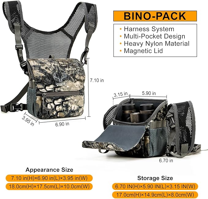 Binocular Harness Chest Pack: Bino Case with Magnetic Lid and Rain Cover for Hunting(Green)