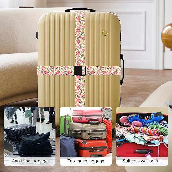 Luggage Straps for Suitcases, Travel Adjustable Belt with Quick Release Buckle, Heavy Duty Nylon Bag Packing Strap, Unique Bright Identifiers Business Travel Accessories (2 Pack) - Pink Flowers