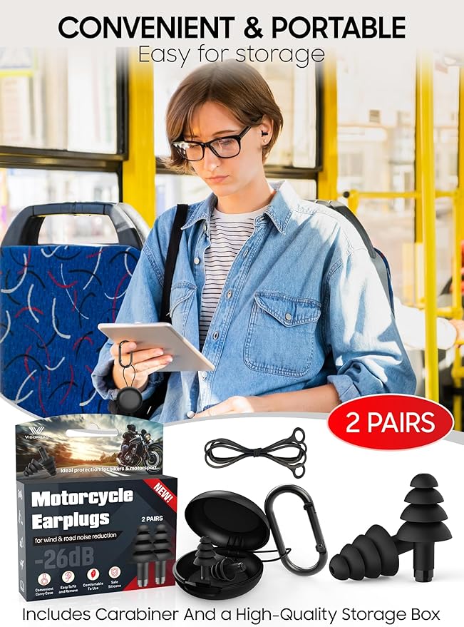 Motorcycle Ear Plugs, 2 Pairs Reusable Silicone, 26dB Wind Noise Reduction & Ear Protection Earplugs with Safety Cord & Travel Case, Comfort Fit for Motorbike, Highway Riding, Touring & Shooting