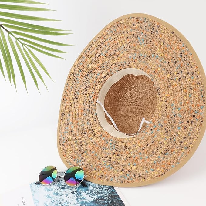 DRESHOW Beach Hats for Women Big Straw Wide Brim Summer Hat Floppy Foldable Roll up Cap Sun Hat UPF 50+