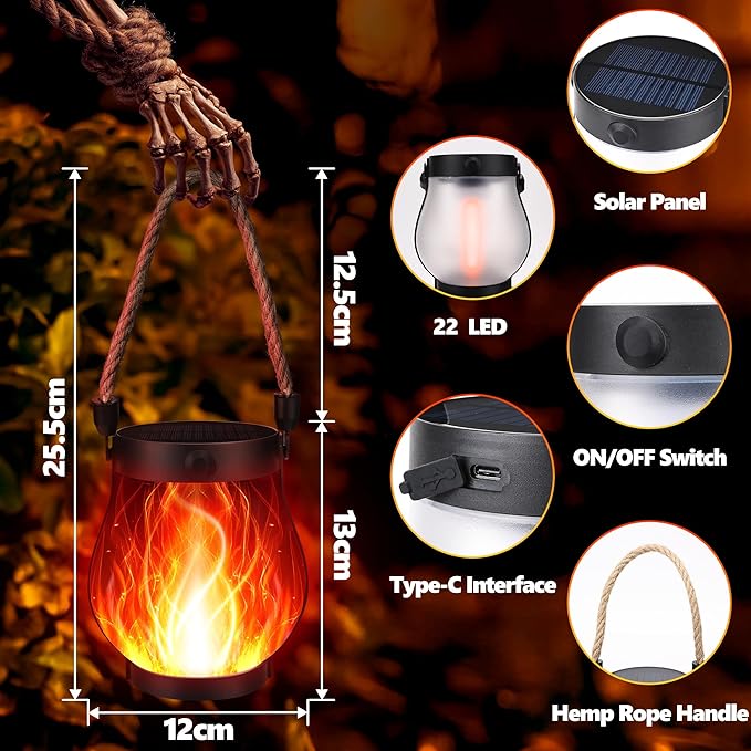 Halloween Solar Flame Lantern Hanging Outdoor Waterproof Purple - 2 Pack Flame Lanterns with Dual Charging Modes of Solar & USB for Garden or Yard Halloween Decorations (Red - 2 Pack)
