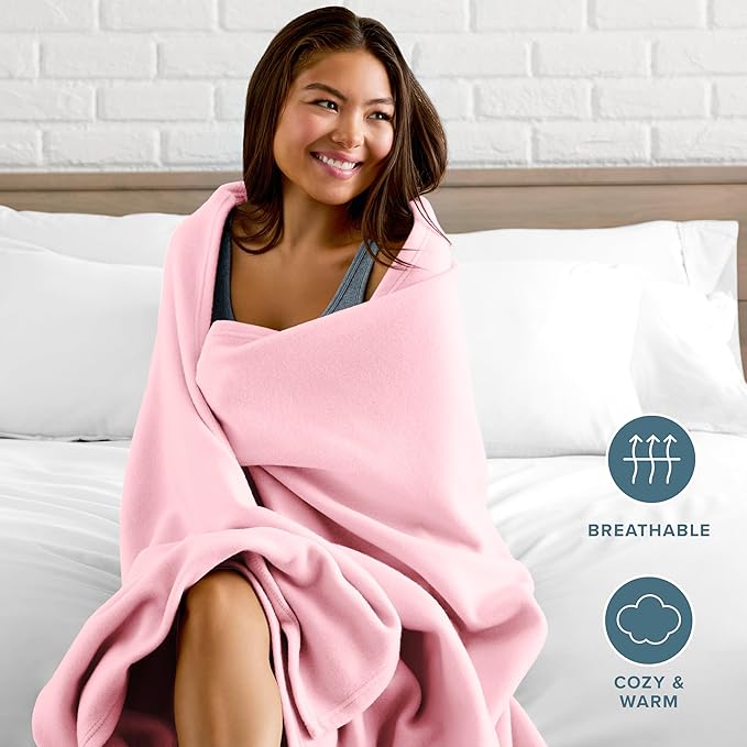 Bare Home Polar Fleece Blanket - Throw - Light Pink - Warm & Cozy - Premium Fleece - Blanket for Bed, Sofa, Camping, Travel and Cold Nights - Lightweight (Throw, Light Pink)