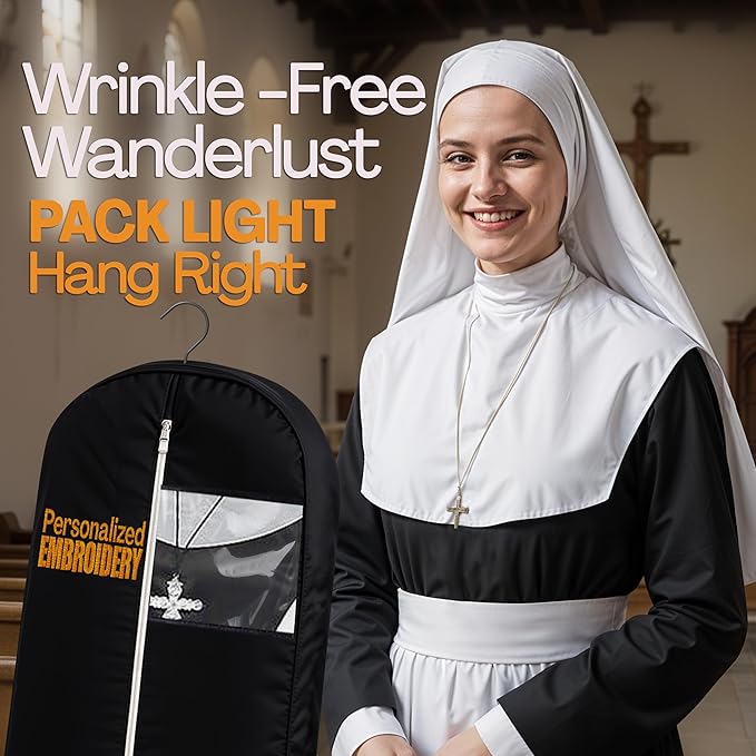 Personalized Garment bag for Hanging Clothes - Embroidered Name Garment Holder With 2 Mesh Pockets for Priest and Nun Robes - Ideal for Clergy Outfits, Uniform Cover Bag with Carry Handle - Black