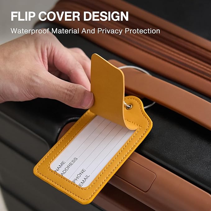 Luggage Tag Faux Leather Premium Travel Suitcase Tags for Baggage Easy to Write Waterproof with Name ID Card for Man Women (Yellow)