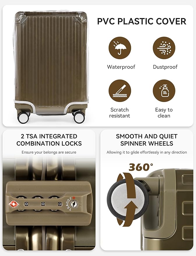 Mvst Luggage Premium All Aluminum Magnesium Carry On 20'' Lightweight Metal,Suitcase with Spinner Wheels Built-in Toiletry Set, Luggage Protector（silvery） (Brown, 20inch)