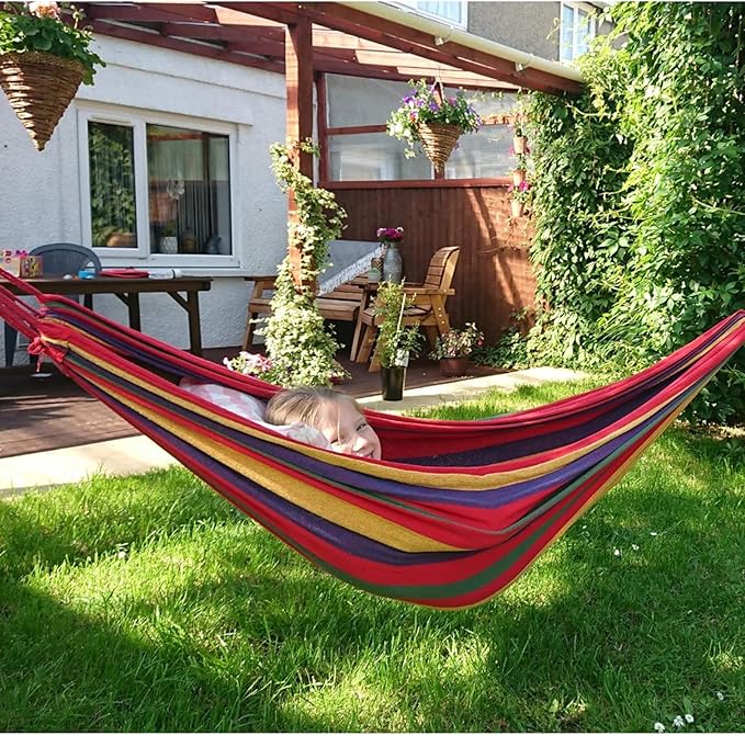 ANYOO Cotton Hammock Portable Camping Hammocks for Hanging Sturdy Garden Comfortable Fabric Hammock with Tree Straps Up to 660lbs with Travel Bag for Camping Outdoor/Indoor Patio Backyard