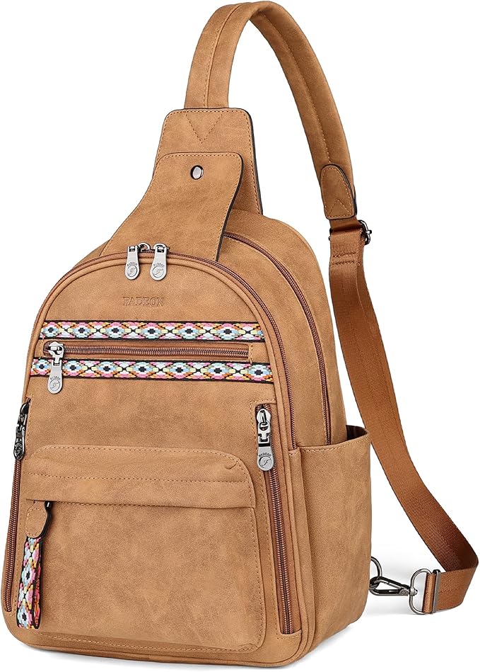 FADEON Large Sling Bag for Women, Leather Crossbody Purse Designer Anti Theft Sling Backpack, RFID Fanny Packs for Travel