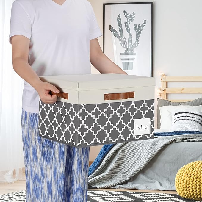 Large Storage Bins with Lids, Foldable Fabric Storage Baskets with Lids, Sturdy Storage Boxes with Labels and 3 PU Handles for Closet Home Bedroom Office (26L, 3 Packs, Grey Plaid&White)