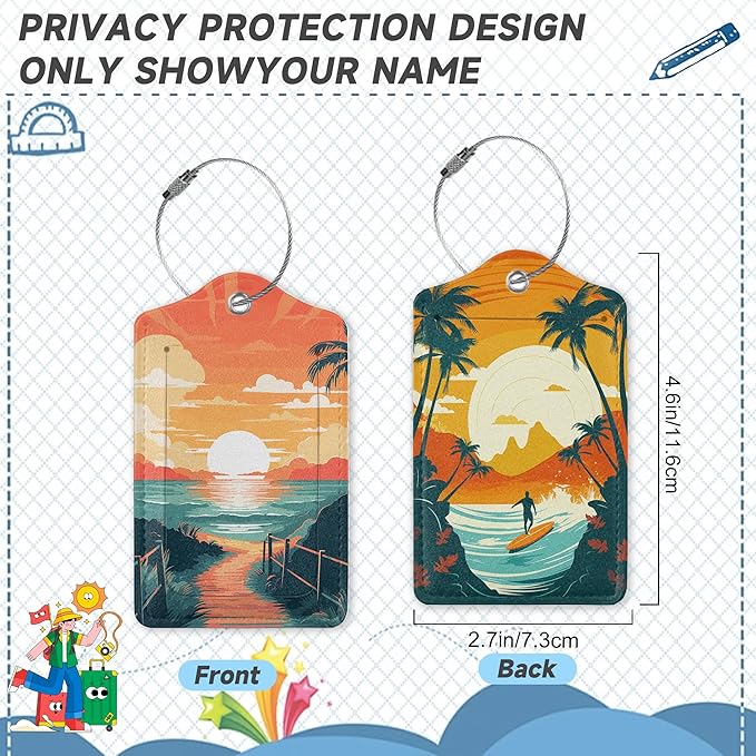 Sunset Beach Summer Luggage Tags, 2 Pack Travel Cruise Tags for Suitcases, Cute Identifiers with Privacy Flap, Baggage Tags for Women Men Handbag