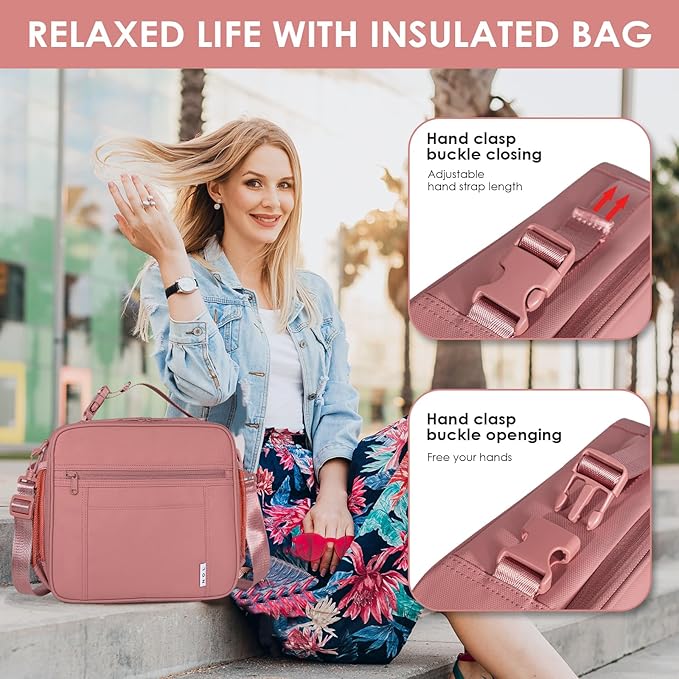NOL Kids Lunch Bag for School, Reusable Insulated Lunch Box & Children's Tote Bag with Zipper Closure, Buckle Handle, Adjustable Long Shoulder Strap, Easy-Clean Waterproof Fabric Lunchbox - Dark Pink