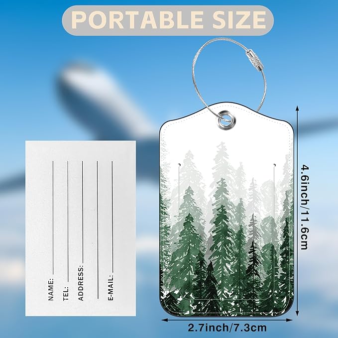 2 Pack Luggage Tags for Suitcases Watercolor Foggy Forest Leather Luggage Tags Privacy Cover ID Label with Stainless Steel Loop and Address Card for Women Men Travel Bag Backpack