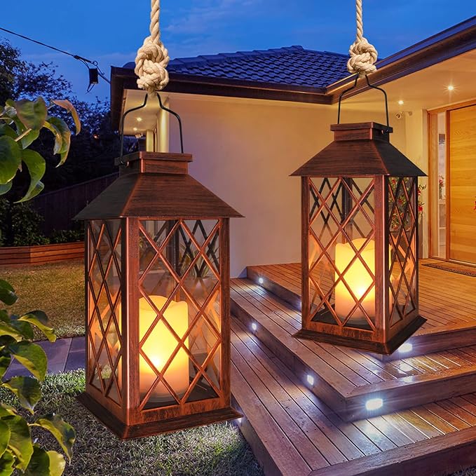 TAKE ME 14" Solar Lanterns Outdoor Garden Hanging Lantern Waterproof LED Flickering Flameless Candle Mission Lights for Table,Outdoor,Party