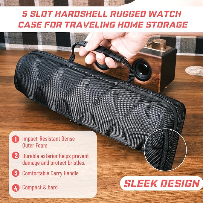 5 slots Hard men's watch travel case, Portable zipper storage organizer box with soft compressible foam pillow to fit large and small watches(Black, 5slot)