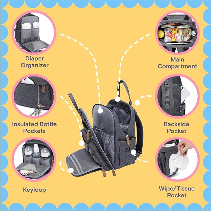 iniuniu Diaper Bag Backpack, 4 in 1 kit Large Unisex Baby Bags for Boys Girls, Waterproof Travel Back Pack with Diaper Pouch