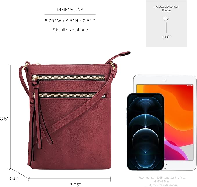 DELUXITY | Crossbody Purse Bag | Functional Multi Pocket Double Zipper Purse | Adjustable Strap | Small Size Purse |Wine