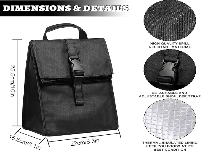 Insulated Foldable Lunch Bag- Lightweight Portable with Adjustable Shoulder Strap Lunch Box for Men, Women, Office, Work, Picnic, Hiking and Beach (Black(Soft Fabric))