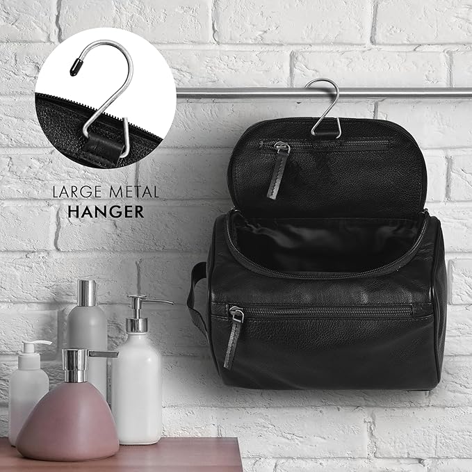 ELIZO Premium REAL Leather Toiletry Bag for Men Dopp Kitt Hanging Mens Toiletry Large TSA Toiletries Bag Shaving Grooming Bag Organizer Black
