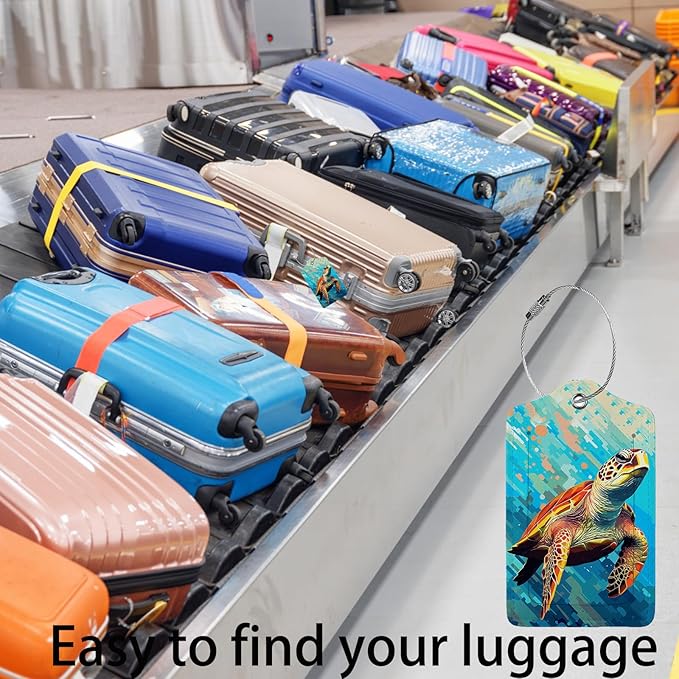 Colorful Wild Sea Turtle Luggage Tags for Suitcases,2 Pack Luggage Tag, Leather Stainless Steel Loop Label Tag for Women Girl Travel Bag