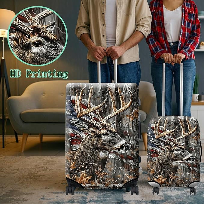 Luggage Cover Suitcase Protector + Tag, Camo Deer Flag Travel Suitcase Cover for 20 inch Luggage (S) with Concealed Zipper Washable Elastic Cloth Dustproof Anti-Scratch