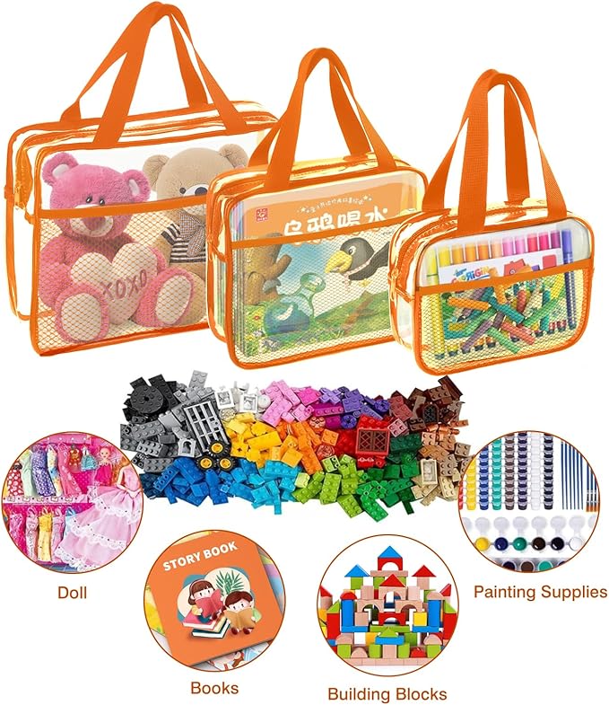 XEWEA Clear Travel Toiletry Bags, 3 Pack TSA Approved Transparent Makeup Bag for Men Women, Large Waterproof PVC Quart Organizer with Zipper for Toiletries Airline Essentials,Toy Storage Pouch Orange
